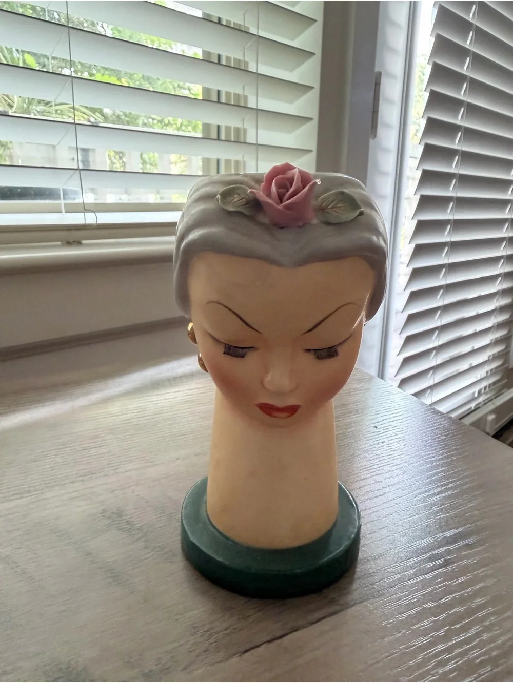 Vintage Ucagco Head Vase: Handpainted Ceramic Lady with pink rose
